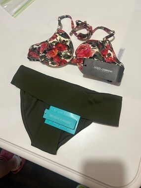 Dolce & Gabbana Floral Red Rose Bikini Top with Olive Green Bottom